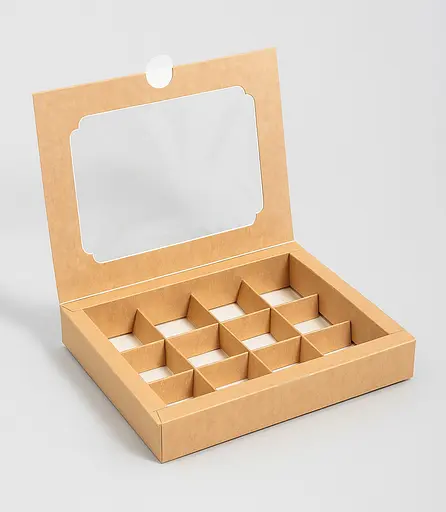 Коробка для 12 конфет сладостей зефира, макаронс или тарталеток 200×156×30 мм, крафт, с прозрачным окошком, Vals Крафт 87850 - фото 1