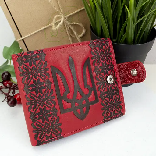 Гаманець жіночий шкіряний з гербом П6-03 червоний на кнопці - фото 4