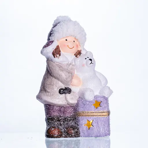 Новорічна фігурка з підсвіткою Дівчинка з ведмежам із фарфору 12×7×20 (см) новорічний декор Yiwu CR-5-5 - фото 2