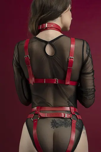 Портупея на груди Feral Feelings - Harness Bra, ліф, натуральна шкіра, Червоний - фото 2
