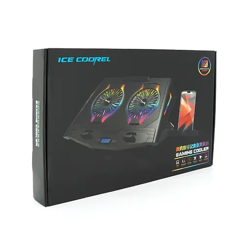 Підставка для ноутбука IceCoorel N9, 10-18", 2*125mm 1400±10% RPM, корпус пластик+алюміній, 2xUSB 2.0 + LCD display, 461x298x52mm, Silver, Box, Q8 - фото 2