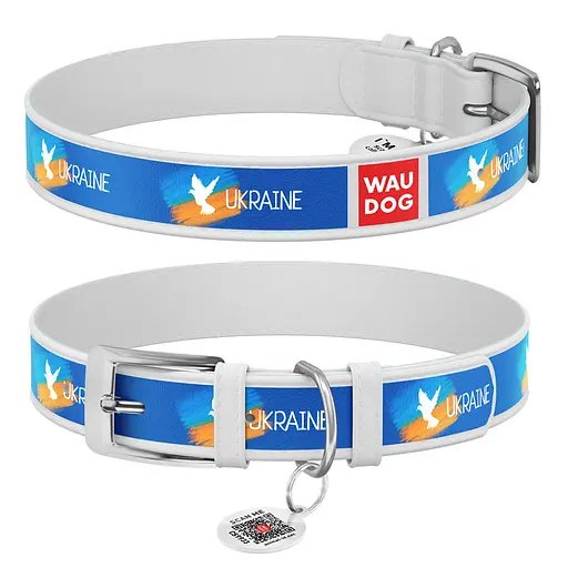 Ошейник для собак кожаный Waudog Design с QR-паспортом "Прапор" S Ш 15 мм Д 26-35 см белый