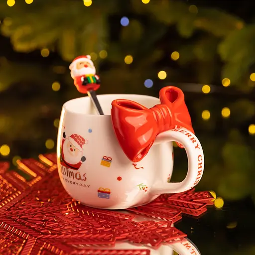 Чашка порцелянова Christmas Ribbon 400 мл з ложкою червоний  FM-CS-19A - фото 3