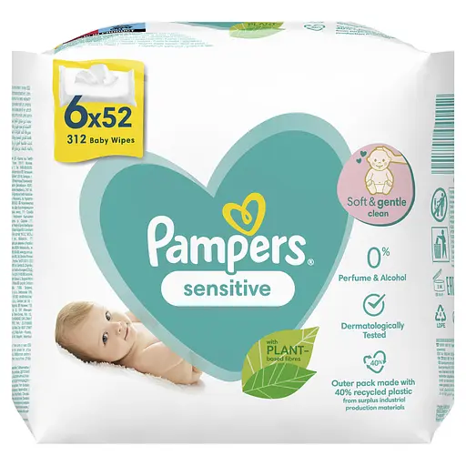 Детские влажные салфетки Pampers Sensitive 312 шт. (6 уп. по 52 шт.) - фото 2