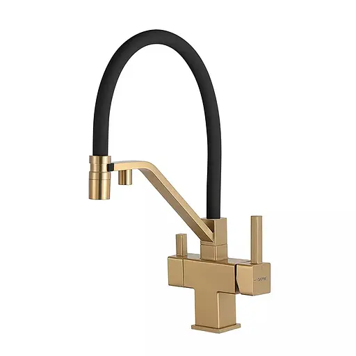 Змішувач для кухні під фільтр з гнучким виливом золото Frap G4395-63 Чорний/золото - фото 1