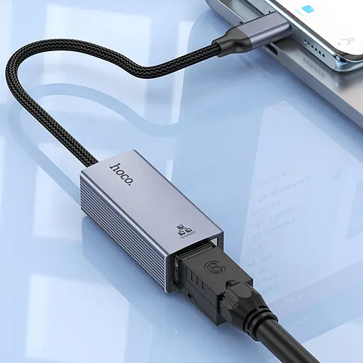 Інтернет адаптер Hoco UA37 1000 Mbps (USB to RJ45) Metal gray - фото 3