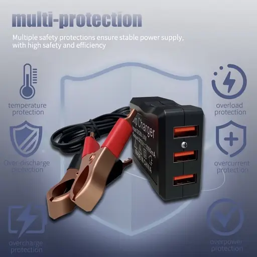 Адаптер питания 12V/24V на 5V с 3 USB-портами и зажимами для аккумулятора для аварийной зарядки телефонов. - фото 2