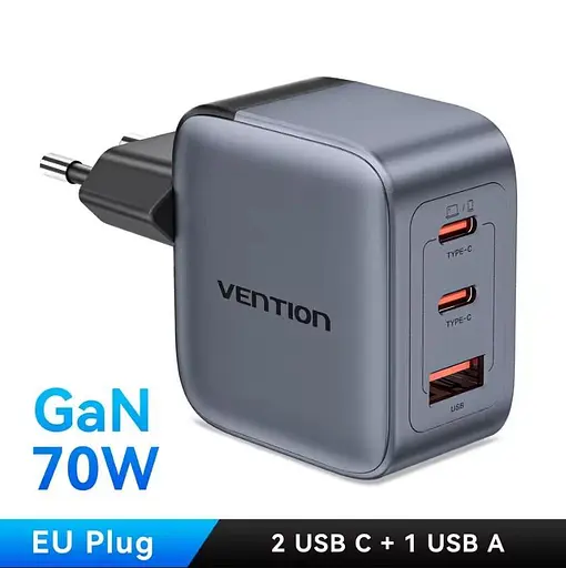 Зарядний пристрій Vention 70W GaN FEX 1U+2C чорний євровилка - фото 2