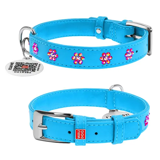 Ошейник для собак кожаный Waudog Glamour с QR-паспортом с клеевыми стразами "Цветы" Ш 20 мм Д 30-39 см