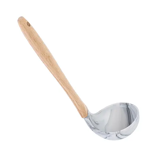 Ополоник силіконовий під мармур із дерев'яною ручкою та петлею для підвішування 28 см, Kitchen Master Бежевий 86313 - фото 1