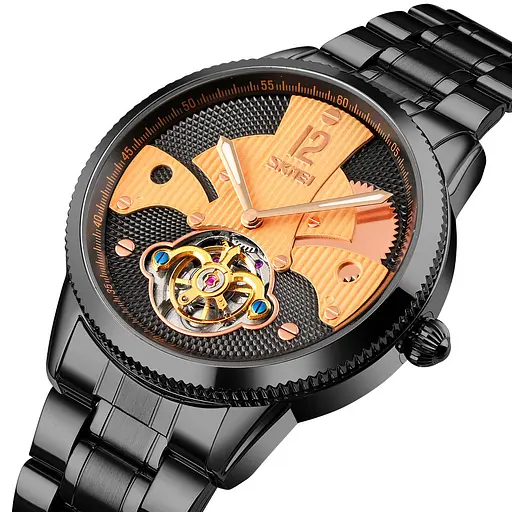Мужские часы скелетон Skmei 9205 механические (Черные с розовым золотом) - фото 4