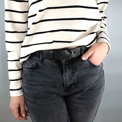 Ремінь жіночий шкіряний з квітами SF-3533 чорний (130 см) - фото 2