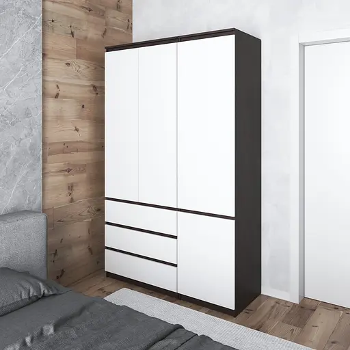 Шкаф для одежды Vays в спальню с 3 шухлядами, штангой и полками, без ручек R9+R22 Венге Темный-Белый фасад