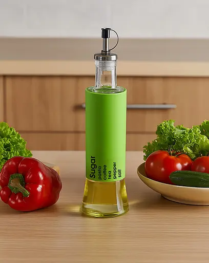 Диспенсер дозатор для масла уксуса соуса стеклянная бутылка с дозатором с стильной цветной накладкой 300 мл, Kitchen Master Салатовый 87625 - фото 1