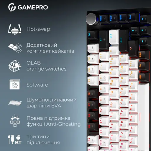 Клавиатура беспроводная игровая механическая GamePro MK-160-B Pro Black-White QLAB Orange Switches Hot-Swap - фото 3