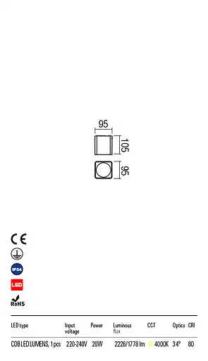 Стельовий світильник XIA PL LED COB 20W IP54 DG 4000K(SQ) (5.1.2) Redo 90032 - фото 3