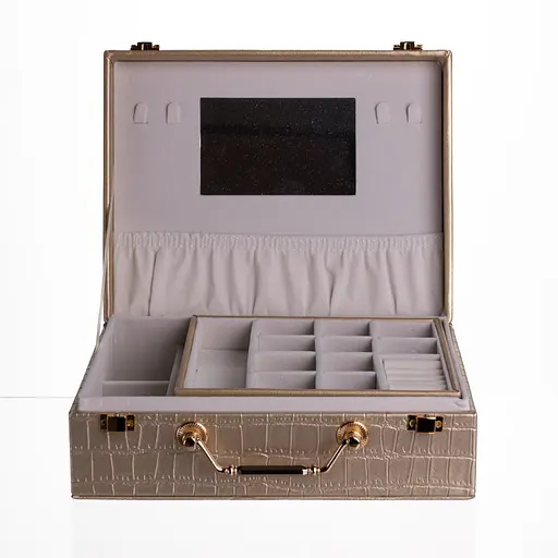 Скринька для прикрас з екошкіри 19 відділень із дзеркалом 23.5×14×8 см органайзер для прикрас Золотистий Yiwu HP-5-20GOLD - фото 1