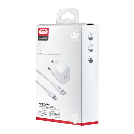 Сетевое зарядное устройство для XO CE01 EU 20W PD Fast Charger Lightning cable Белый - фото 2