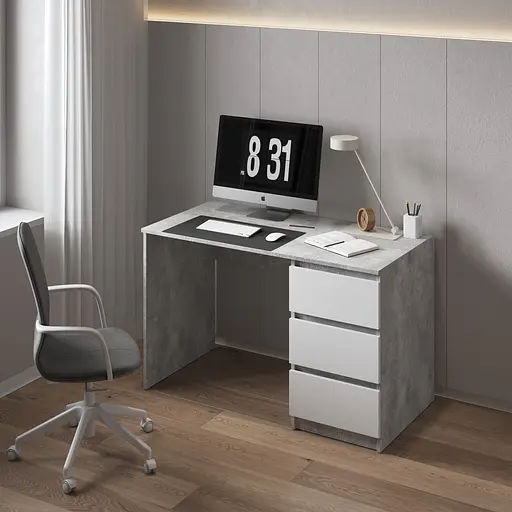Комп'ютерний стіл Vays, письмовий, сучасний, з тумбою справа, 3 шухляды з фасадами без ручок R-1 Бетон-Білий фасад