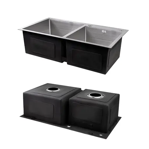 Кухонная мойка Lidz Handmade H7843 с двумя чашами интегрированная Brushed в комплекте с дозатором и корзиной, Нержавеющая сталь - фото 4