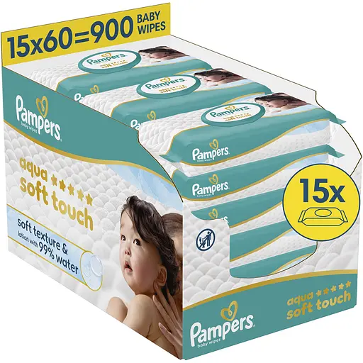 Детские влажные салфетки Pampers Aqua Soft Touch 900 шт. (15 упаковок x 60 шт.) - фото 1