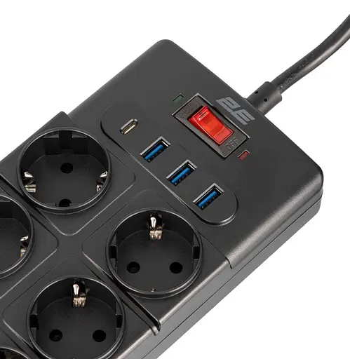 Мережевий фільтр-подовжувач 2E SP-10M-3USB-BK 3 м, 10xТипF, 16A, 3xUSB-A, 1xUSB-C - фото 4