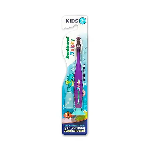 Дитяча зубна щітка з присоскою та захисним ковпачком Denthoral Dentifricio Dolphy Medium (від 3 років) - фото 1