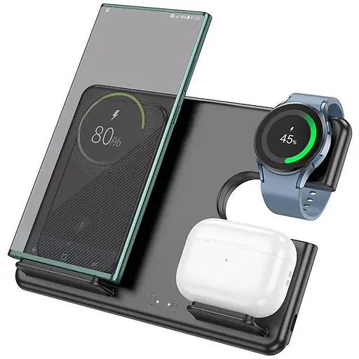 Зарядка Qi Hoco Flash folding 3-in-1 Wireless Fast Charger CQ2 (Sam Watch/phone/earphone, 15wqi, 27w Type-C) - фото 1
