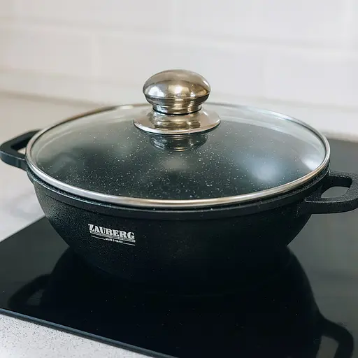 Алюминиевая кастрюля-сотейник 4.1 л диаметр 28 см с покрытием под мрамор и крышкой, Zauberg Черный 87811 - фото 2