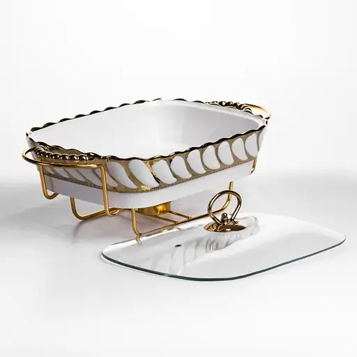 Мармитница фарфоровая Yiwu Tiffany 1.5 л со стеклянной крышкой на металлической подставке с подогревом 34х26х7 см мармит для первых блюд SG-428-13 - фото 5