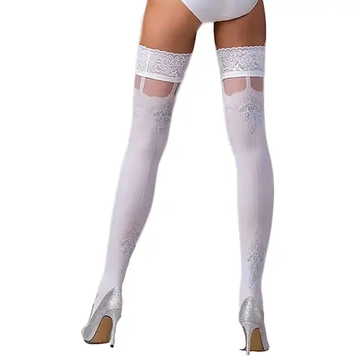 Чулки Passion ST121 3/4 белые, на ажурной силиконовой резинке, с цветочным орнаментом - фото 2