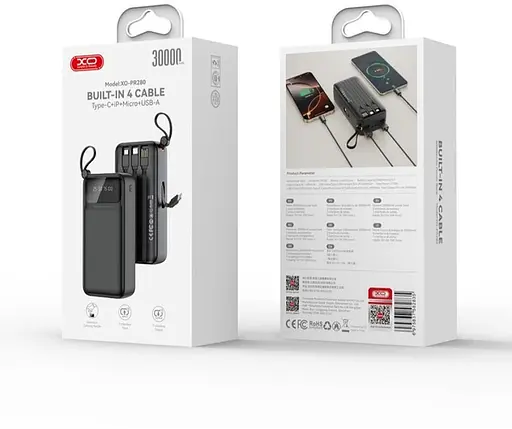 Зовнішній акумулятор XO PR280 з вбудованим кабелем 4-в-1 USB-C + iP 30000 mAh чорний - фото 5