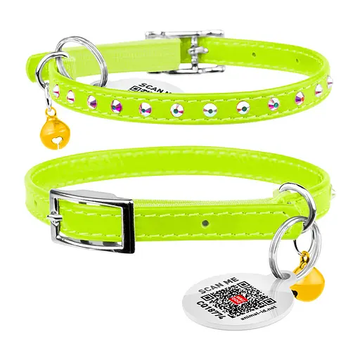 Ошейник Waudog Glamour с резинкой клеевыми стразами для кошек (ширина 9мм длина 22-30см) салатовый