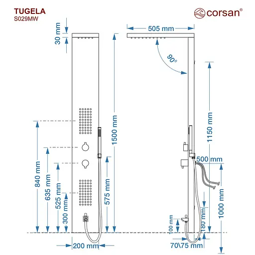 Душова панель Corsan Tugela black з виливом S029MBLW, Чорний матовий - фото 6