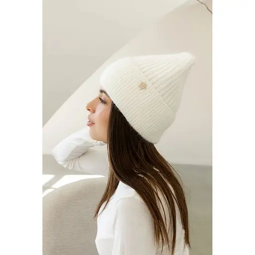 Женская зимняя шапка Бини Ангора с ангорой 80% орнаментом и флисовой подкладкой Белый - фото 1