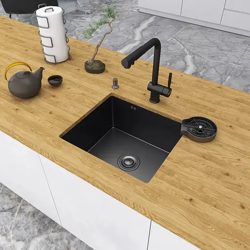 Кухонна мийка чорна з нержавіючої сталі 50 см під стільницю 1.5 мм Nett NВ-5045, Чорний - фото 7