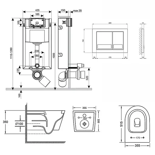 Набор: Qtap инсталляция 3 в 1 Nest QT0133M425 с панелью смыва квадратной QT0111M06028CRM + унитаз с сиденьем Swan QT16335178W - фото 2