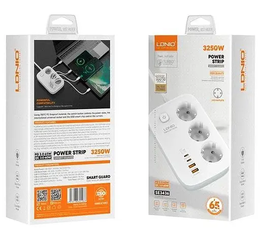 Удлинитель сетевой LDNIO SE3436 - 4 порта + 3 розетки 65 W 2 метра - фото 6