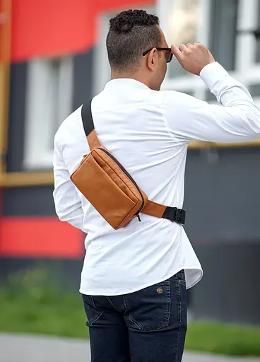 Мужская кожаная сумка бананка 0ST рыжая кожа 24 × 16 (88218121) - фото 7