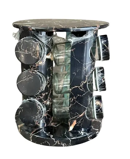 Органайзер А-Плюс 13 предметов набор для приправ на вращающейся подставке 12 баночек по 80 мл металлическая стойка Черный мрамор - фото 1