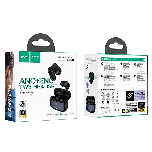 Бездротові навушники Hoco EQ20 Rhyme true wireless ANC+ENC noise reduction BT headset, BT5.4, 40mAh, 400mAh, 6-7h, black - фото 4