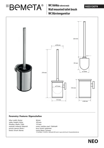 Туалетный ершик Bemeta Neo черный с держателем 102313079, Черный матовый - фото 2