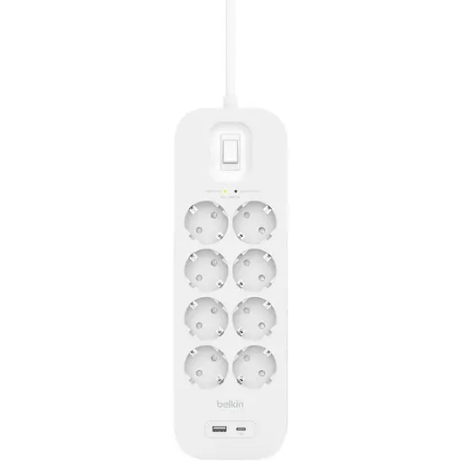 Підовжувач-фільтр Belkin мережевий 8хТип F, 3x1.5 мм кв, 16 А, USB-A/USB-C 18 Вт, з захистом від перенапруги, 2 м, білий - фото 3