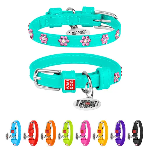 Ошейник для собак кожаный Waudog Glamour с QR-паспортом с клеевыми стразами "Цветы" Ш 9 мм Д 18-21 см ментоловый - фото 2
