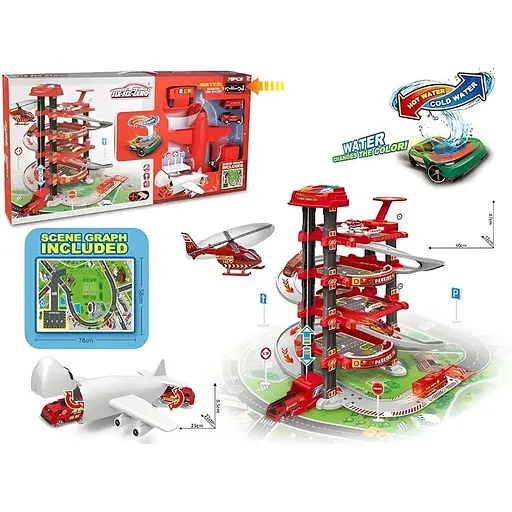 Гараж 660 А-301, 5 поверхів, 2 машинки (1 змінює колір), літак, автоматичний підйомник, світло, звук, аксесуари, в коробці - фото 3