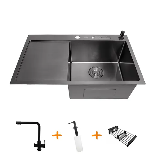 Комплект чорної кухонної мийки та змішувача з нержавіючої сталі NB-7848, Чорний - фото 1