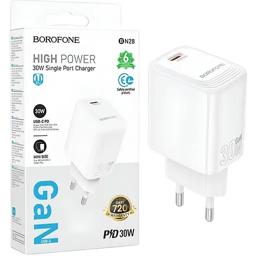 Зарядное устройство Borofone BN28 Type-C PD30W технология GaN Power Delivery 3.0 белый