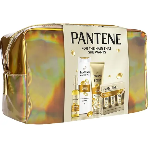 Подарунковий набір Pantene Pro-V Інтенсивне відновлення: шампунь 250 мл + бальзам-ополіскувач 220 мл + олія для волосся 100 мл + поживний коктейль в ампулах 3x15 мл + косметичка - фото 2