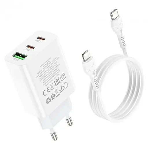 МЗП Hoco C99A PD20W+QC3.0 (1USB/2Type-C/3A) + Type-C to Lightning White - фото 3