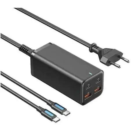 Мережевий зарядний пристрій з кабелем Vention 4-Port USB (C + C + A + A) GaN Charger (100W/100W/18W/18W) EU-Plug чорний - фото 1